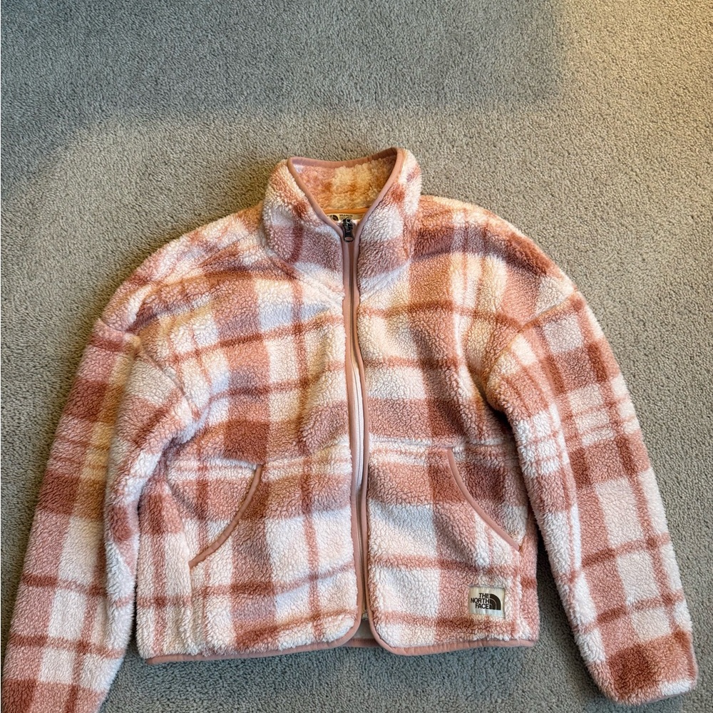 The North Face Girls Plaid Fleece Jacket - Pink and Cream